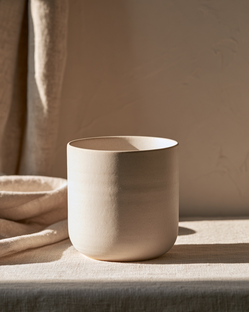 Ivory stoneware beaker on a linen cloth