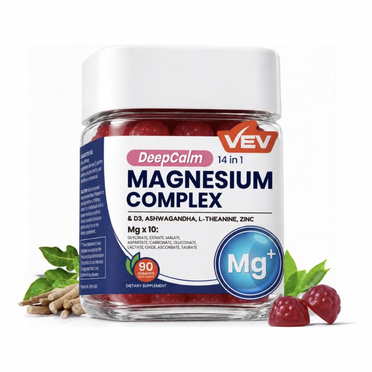 Jar of VEV DeepCalm 14-in-1 Magnesium Complex gummies, 90 count, with two red gummies beside it