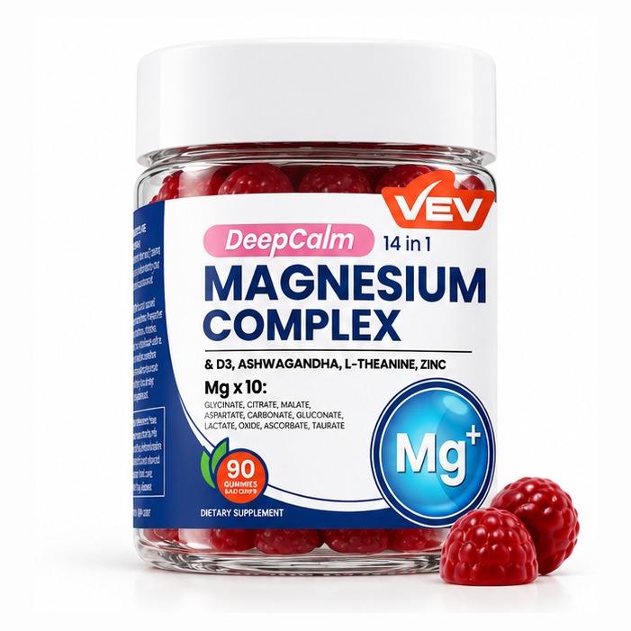 Front of a jar of VEV DeepCalm 14-in-1 Magnesium Complex gummies, 90 count